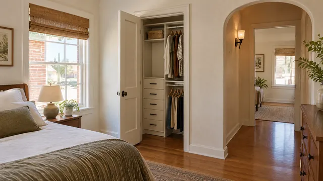 Small bedroom in a 1930s brick bungalow in Coronado, Phoenix: original wood floors, a narrow closet with its door open showing a new compact custom organizer with a drawer stack and double rods, arched doorway, warm light