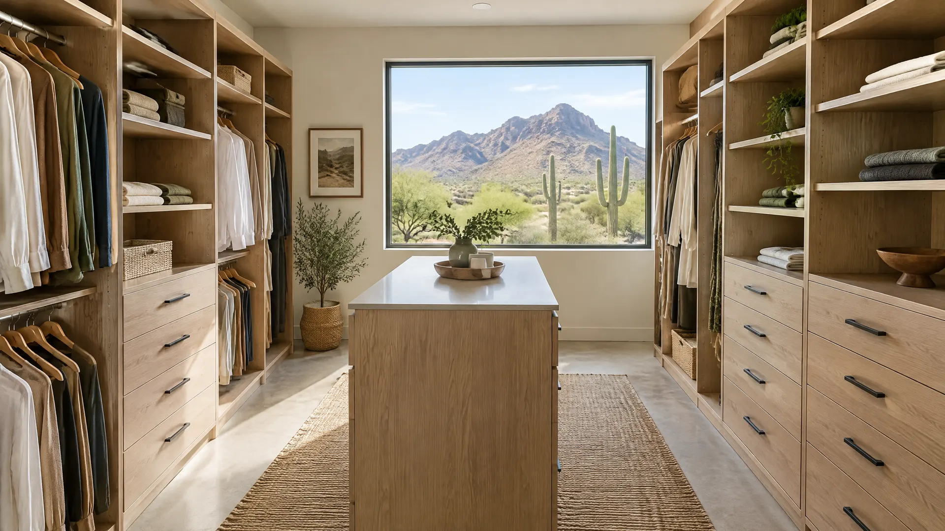 Updated primary bedroom closet in a 1960s single-story Moon Valley, Phoenix ranch home: wide walk-in with new white oak shelving and drawers, a window toward a mountain ridge of desert rock and saguaros