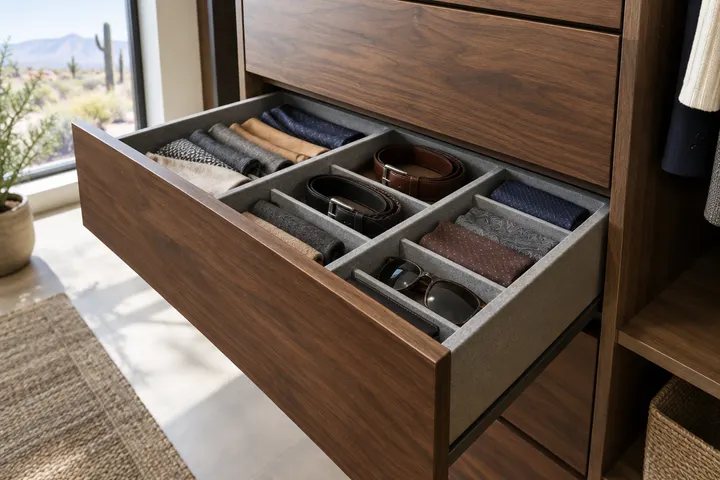 Open soft-close closet drawer with felt-lined dividers holding folded accessories and belts, walnut fronts