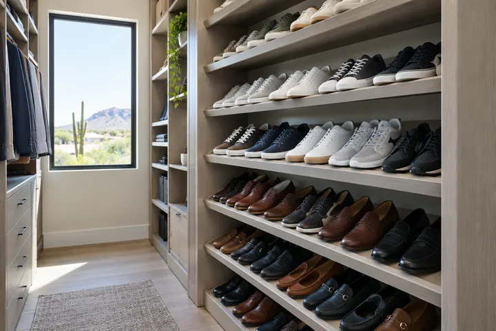 Angled shoe shelves in a custom closet holding rows of neat sneakers and dress shoes