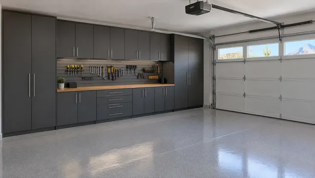 Phoenix home garage with wall-to-wall charcoal gray garage cabinets, a wood workbench top, slatwall panel with hanging tools, epoxy floor in light gray, a clean two-car garage with the door closed