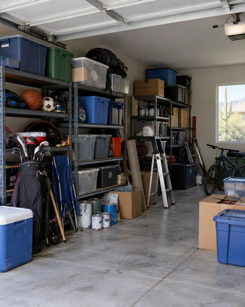 Cluttered Phoenix garage before an upgrade: plastic bins, sports gear, paint cans and boxes on metal shelving and the concrete floor