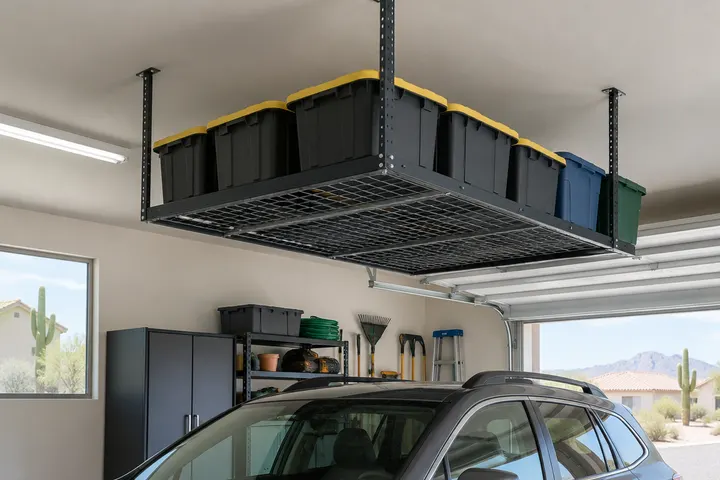 Ceiling-mounted overhead garage storage rack holding plastic storage bins above a parked area