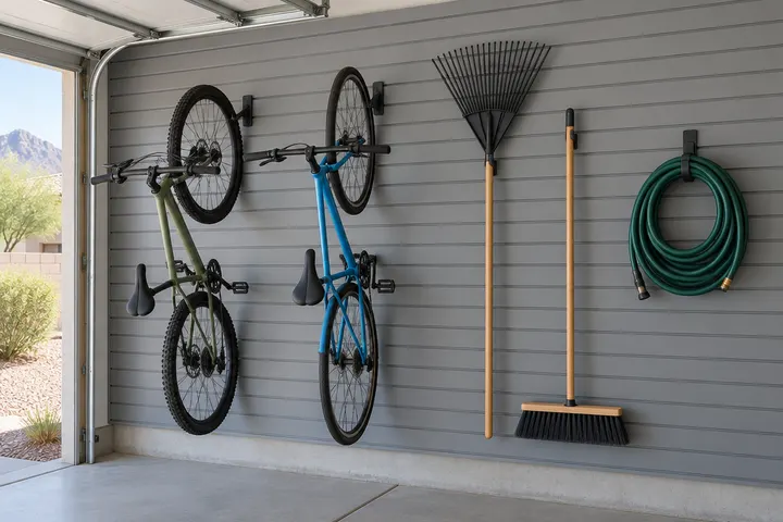 Gray slatwall panels in a garage holding bicycles, a rake, a broom and a garden hose on hooks