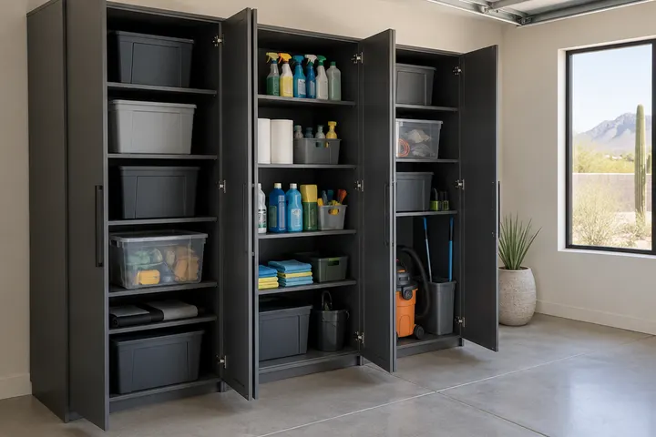 Tall charcoal garage storage cabinets with doors open showing shelves of bins and cleaning supplies