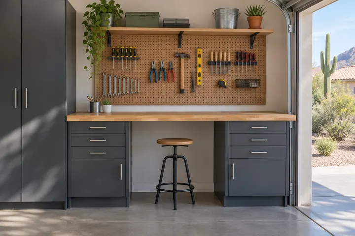 Garage workbench with a butcher-block top between base cabinets, pegboard and hand tools above