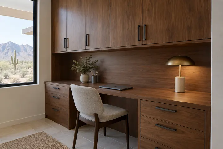 Built-in desk run with drawers under it and cabinets above, walnut finish, a closed laptop and a lamp
