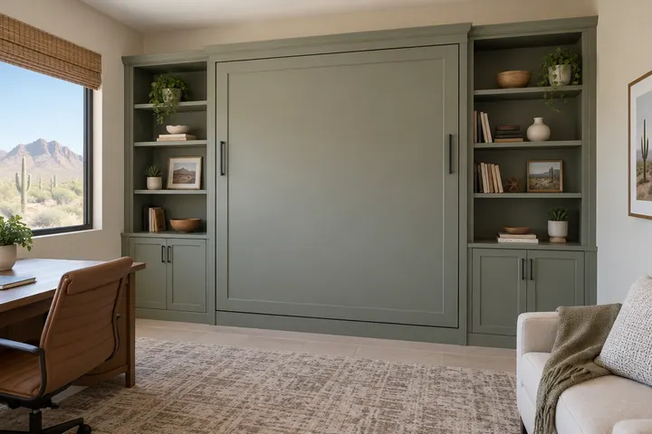Wall bed folded up into a built-in cabinet in a guest room office, side cabinets with shelves