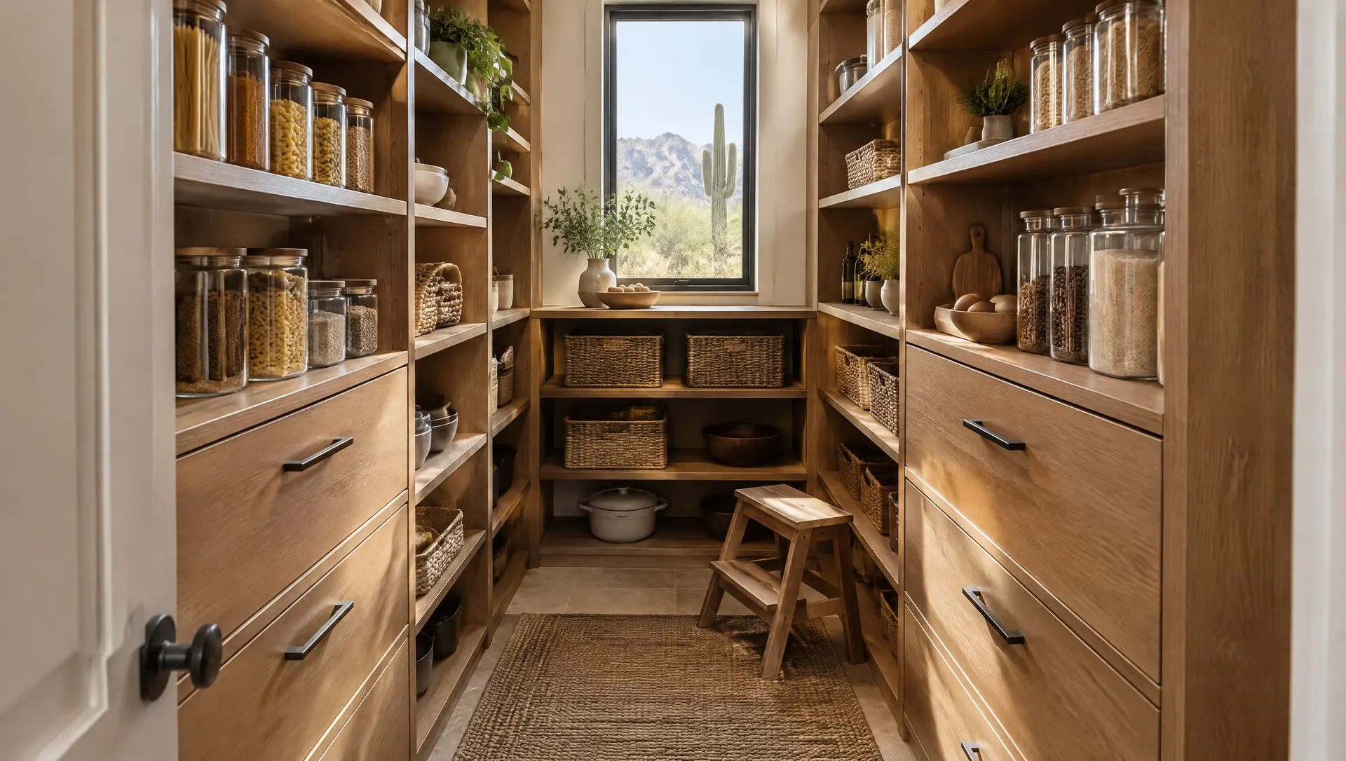Walk-in kitchen pantry with custom wood shelving on three walls, deep lower drawers, clear canisters of pasta and rice, baskets, a small step stool, warm light, organized and calm