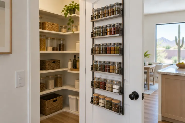 Back of a pantry door fitted with a slim rack holding spices and small jars