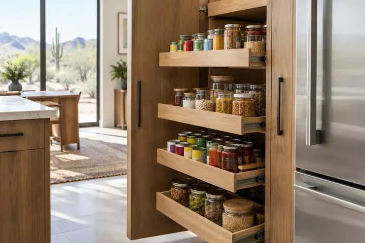 Roll-out pantry shelves pulled open showing canned goods and jars, wood finish