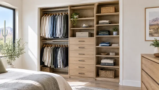 Bedroom reach-in closet with the sliding doors removed, now fitted with a custom system: double hanging rods on one side, a center drawer tower, adjustable shelves on the other side, light oak finish, tidy clothes, bright bedroom