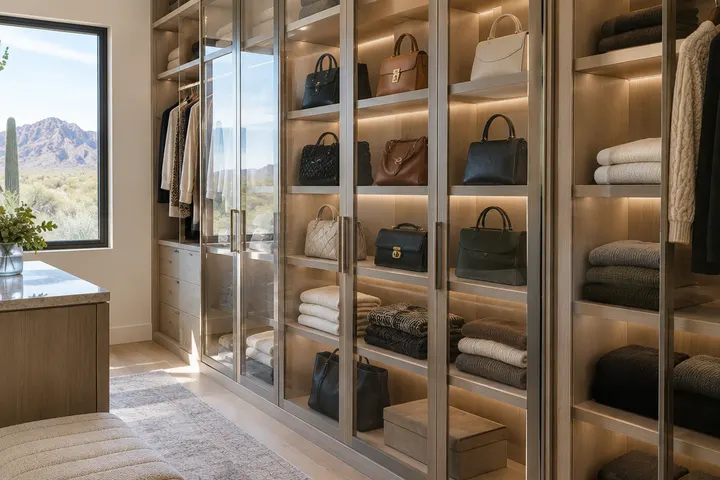 Glass-front closet doors in a walk-in closet showing handbags and folded sweaters on lit shelves