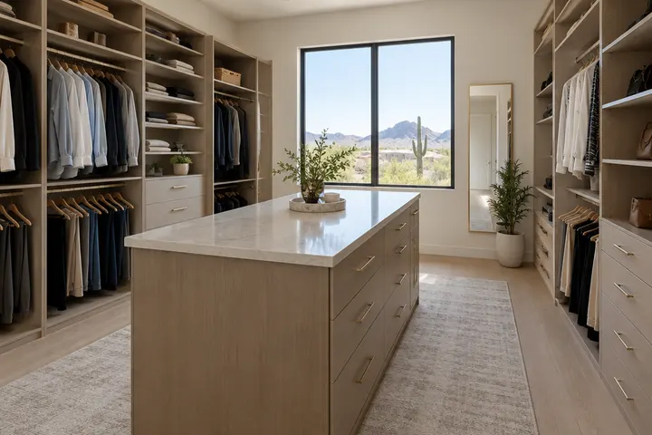 Closet island with drawers on both sides and a pale stone top in the middle of a walk-in closet
