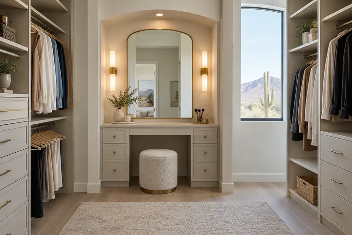 Built-in vanity niche in a walk-in closet with a mirror, small drawers and a stool, soft lighting, no reflection of a person